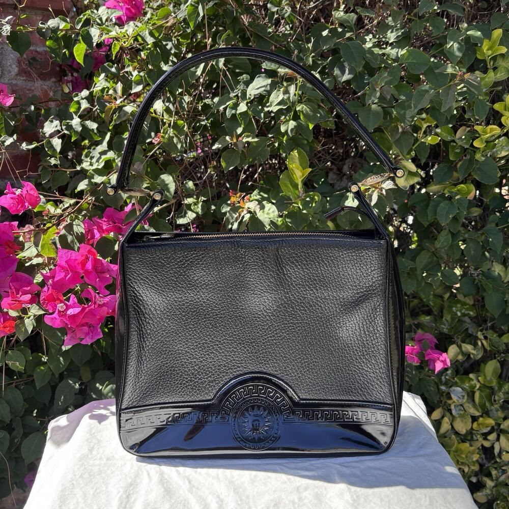 Gianni Versace Pebbled & Patent Leather Sun Shoulder Bag Black